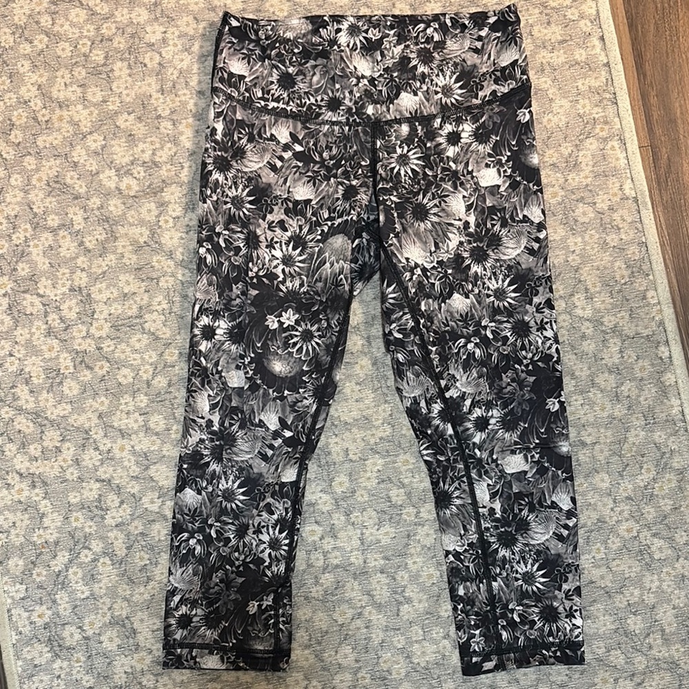 Floral Black and Gray Lululemon Crop Leggings